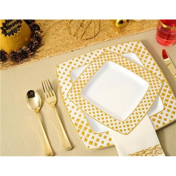 175 Piece Gold Dinnerware Set 25 Guest-50 Diamond Square Plastic Plates - Picture 6 of 7